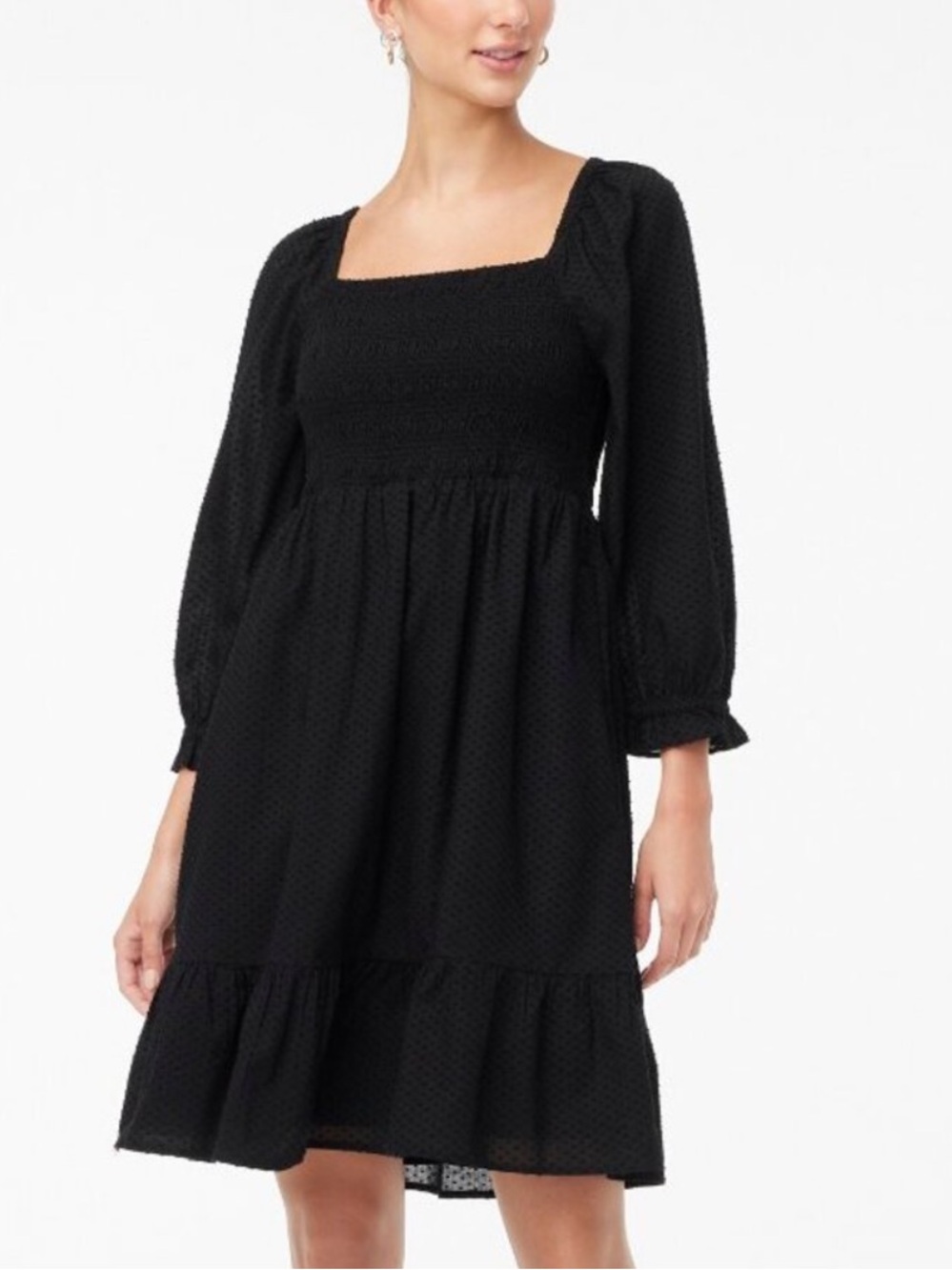 J. Crew Smocked Clip Dot Long Puff Sleeve Mini Dress Black Size XL
